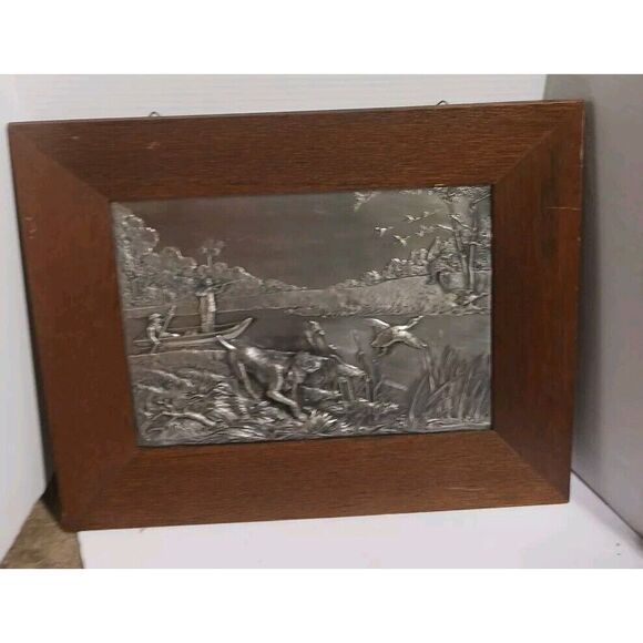 Vintage Hunting Scene Metal‎ Relief Art in Wooden Frame Wall Decor